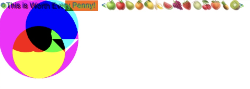A random-seeming collection of text and blobs of color